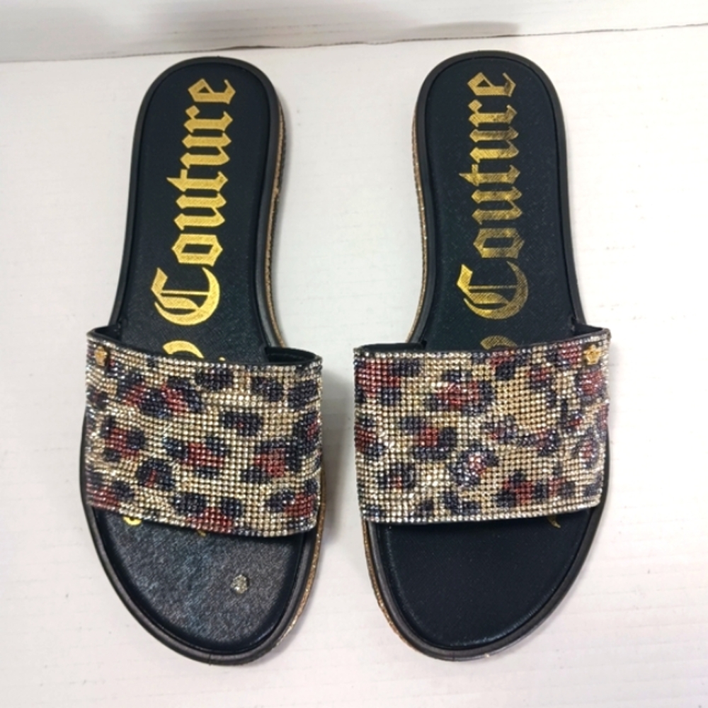 JUICY COUTURE Yippy Luxe Beaded Black Slides Gold Trim NWOT Storage Flaws Sz 10M
